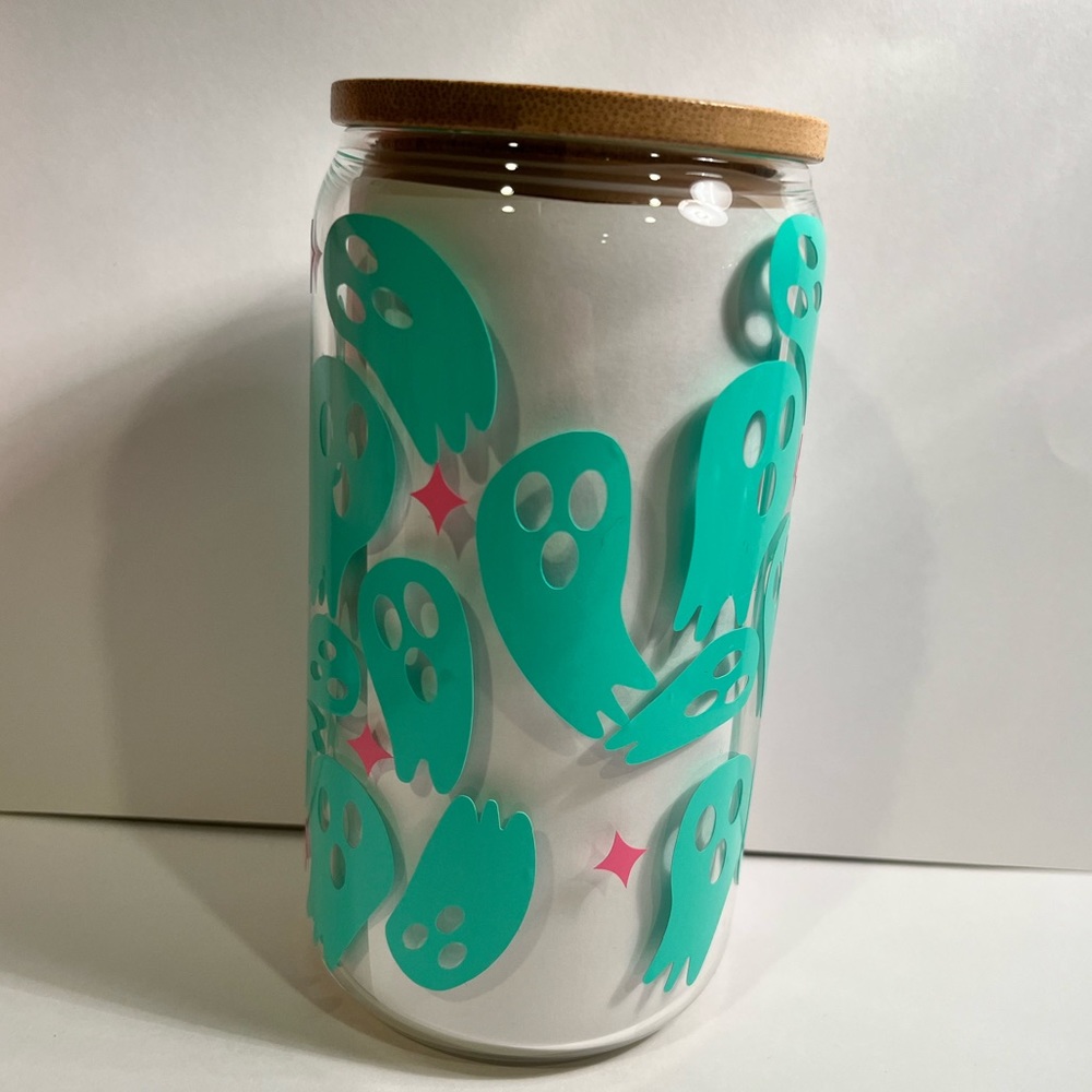 Ghost glass cup with bamboo lid and glass straw!